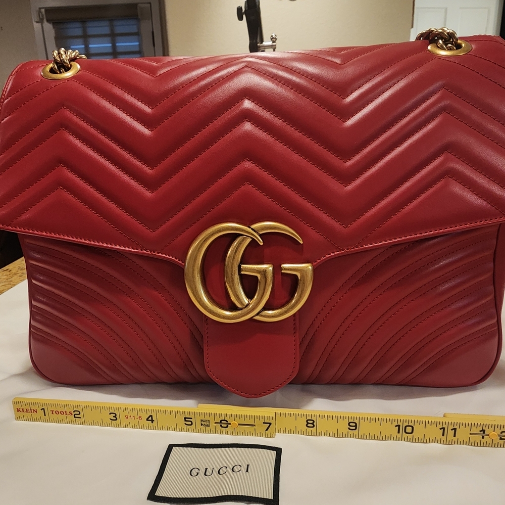 Gucci GG MARMONT 498090 Matelasse rich Red Leather Large Flap Shoulder Bag